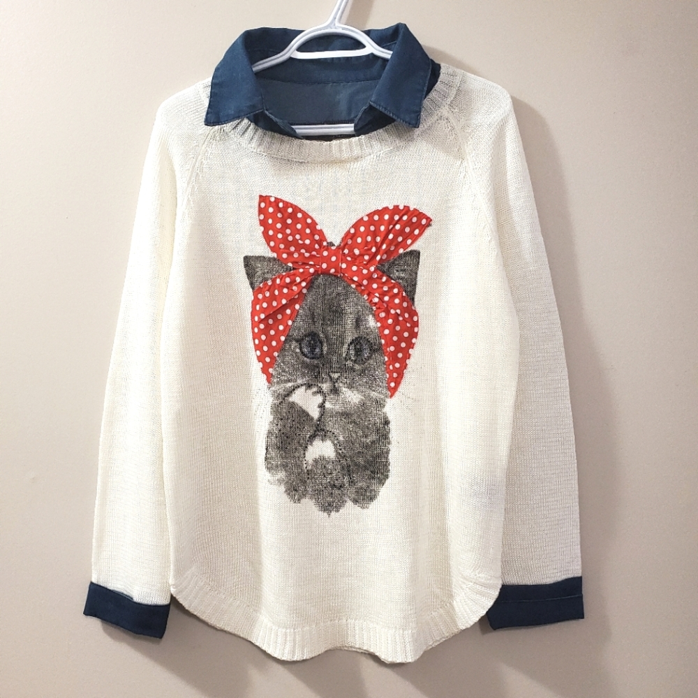 Ness - Cat Sweater with Denim Cuffs - Size L